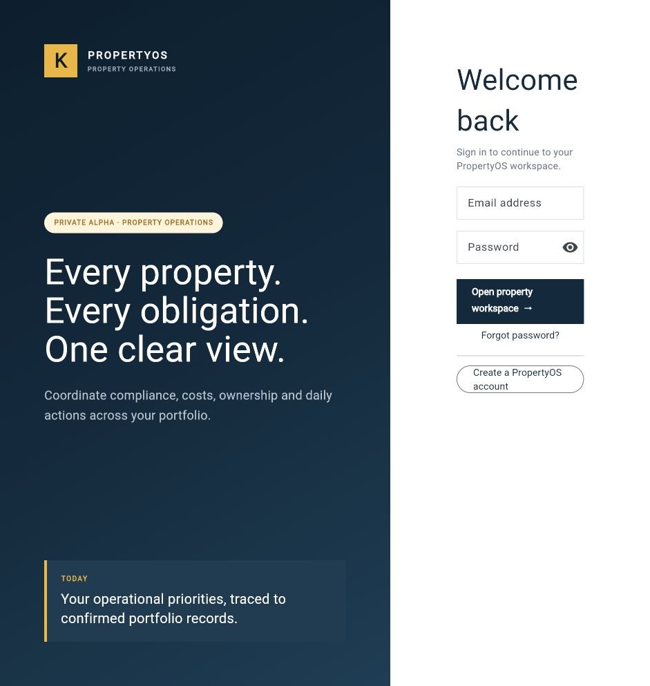 PropertyOS Alpha sign-in page with navy brand panel and account controls